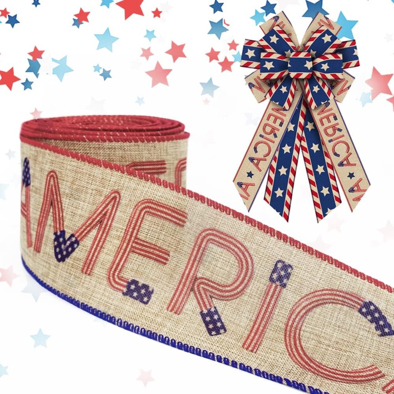 Patriotic Wired Edge Ribbon 2.5" x 10 Yards – Red, White & Blue Star Linen Burlap Ribbon for 4th of July, Memorial Day, Veterans Day Decorations, Wreaths, Bows, Gift Wrapping & DIY Crafts